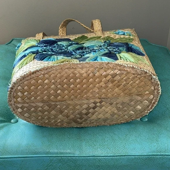 Vintage oversized large gorgeous turquoise blue flower raffia basket beachy bag - Picture 11 of 14
